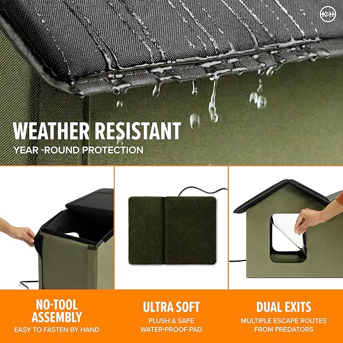 K&H Pet Products Extra-Wide Heated Cat House for Outside, Outdoor Cat House with 2 Safe Escape Doors, Weatherproof Insulated Stray & Feral Shelter with Waterproof Heated Bed, Safety Listed - Olive