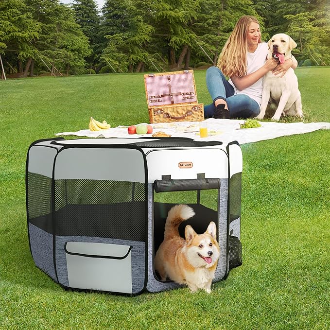 Dog Playpen, Portable Pet Play Pen Foldable Carrying Case, Puppy Pens Outsid for Small Cat Indoor/Outdoor, Removable Mesh Shade Cover