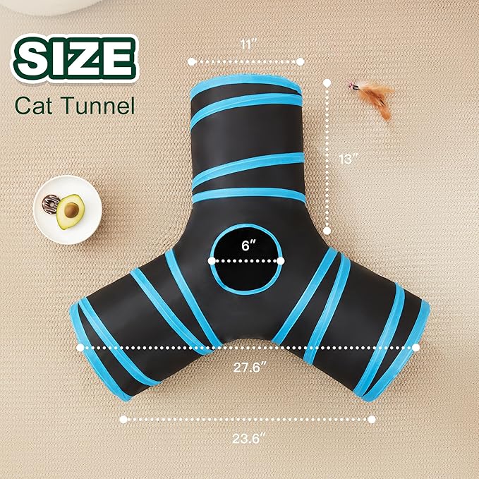 Love’s Cabin Cat Tunnel for Indoor Cats, 3-Way Collapsible Play Tunnel with Teaser Wand, Peek Holes & Toy Ball, Small Pet Toy for Kittens & Rabbits, Black & Blue, Small Size