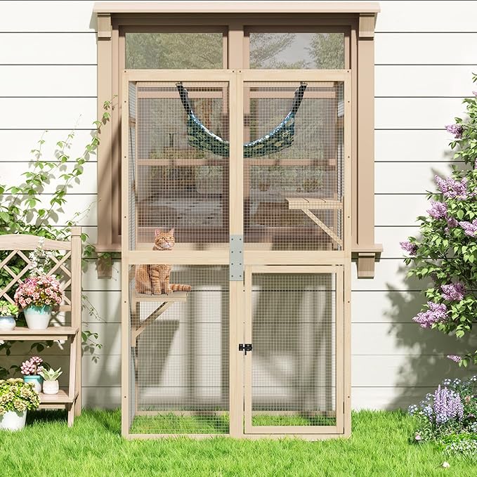 COZIWOW Upgraded Outdoor Cat Catio with Window Access & Jumping Platforms, Weatherproof Wooden Cat Enclosure for Patio/Garden/Backyard (Wood, 2 Platforms + Hammock, Supports 44lbs)
