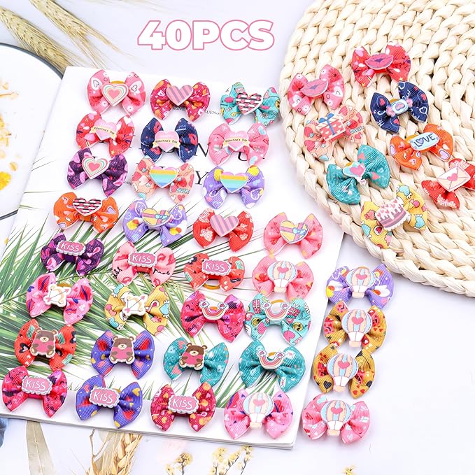 40PCS Christmas Dog Bows Cute Puppy Dog Small Bowknot Hair Bows with Rubber Bands Small Hairs Bowknot Pet Hair Accessories Pet Grooming Accessories for Party (Mixcolors)