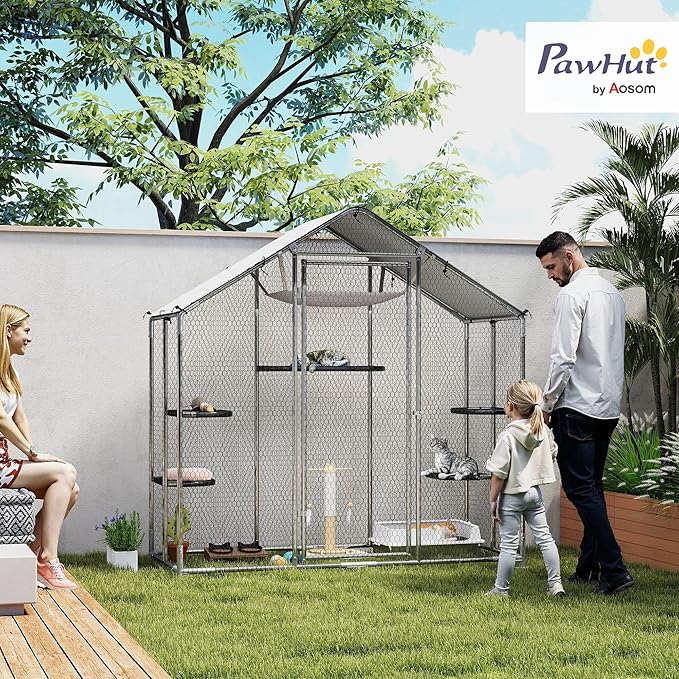 PawHut Large Catio Outdoor Cat Enclosure, Galvanized Steel Walk-in Cat Patio for Multiple Kittens, Outdoor Kitty Cage with Waterproof Cover, 5 Adjustable Platforms, Hammock, Chicken Coop Pointed Roof
