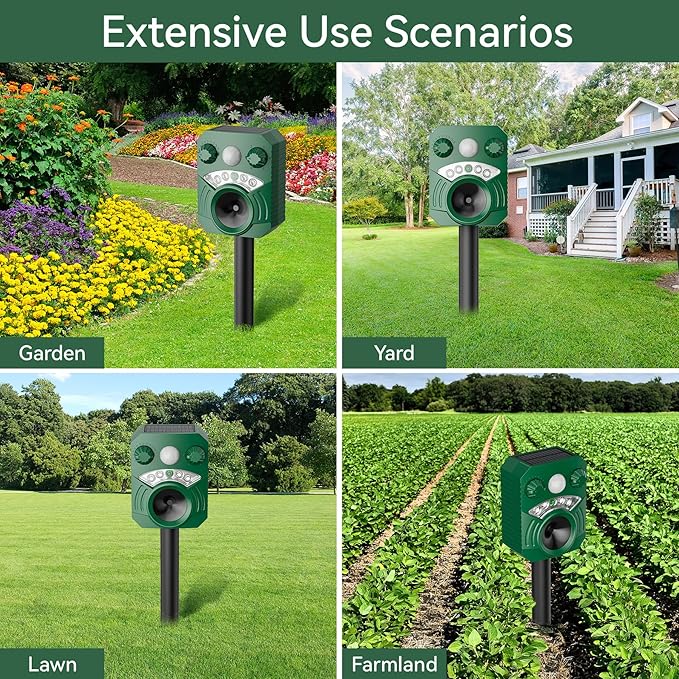 Solar Ultrasonic Cat Deterrent Outdoor – Motion Activated Deer Repellent Waterproof, Animal Repeller for Squirrel, Skunk, Racoon, Rabbit – Yard, Garden & Farm Protection