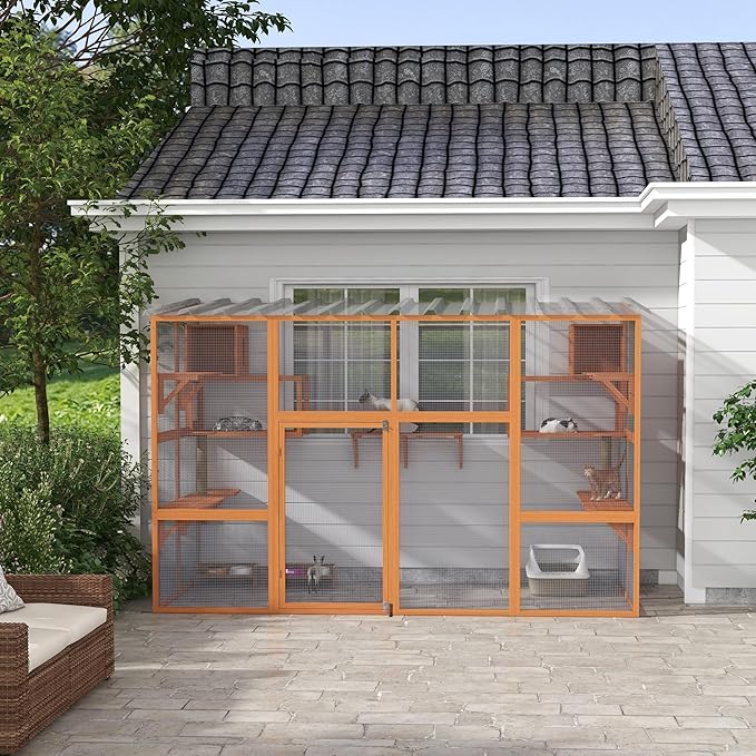 PawHut Catio, Outdoor Cat Enclosure Window Box, Wooden Cat House Playground with Scratching Posts, Weather Protection Roof for 1-5 Kitties, Resting Boxes, 118" x 55" x 75.5", Orange