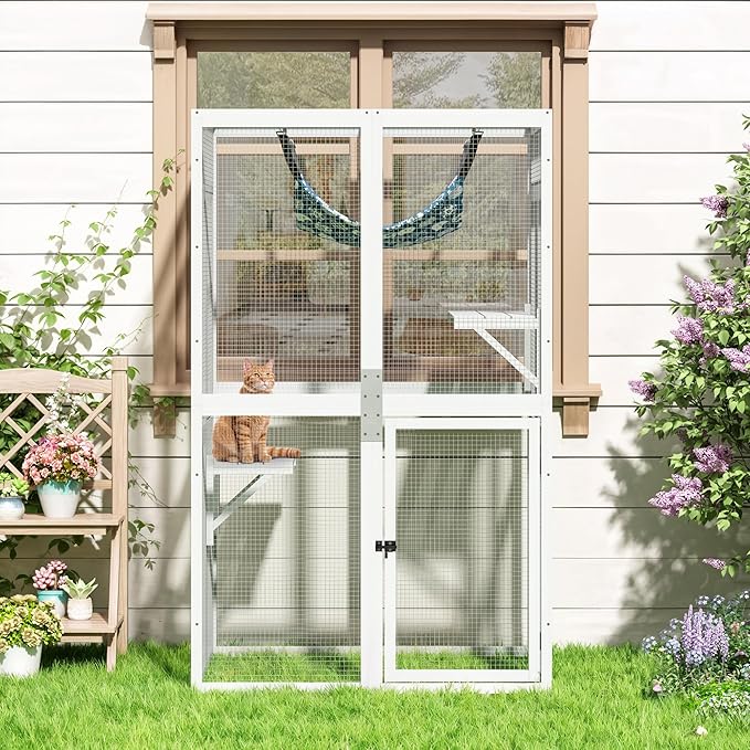 COZIWOW Upgraded Catio Outdoor Cat Enclosure Window Access, Wooden Cat House Shelter, Kitty Cage with Platforms & Hammock Patio Indoor (White)