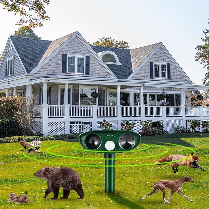 Solar Ultrasonic Animal Repeller Outdoor Deer Repellent Devices Waterproof with Motion Sensor,Effective Against Squirrel,Deer,Dog,Raccoon,Skunk,Rabbit,Coyote Deterrent for Yard Garden Protection,4 Pcs
