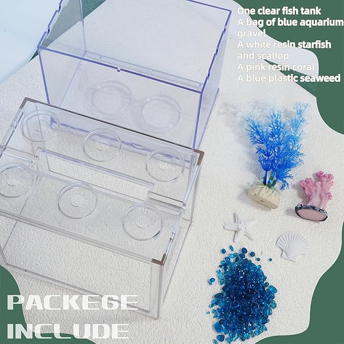 Small Betta Fish Tank, Mini Fish Tank Aquarium Tank Kit with Blue Gravel & Resin Decorations, 0.6 Gallon Stackable Fish Bowl Tiny Desktop Aquarium for Sea Monkey Shrimp