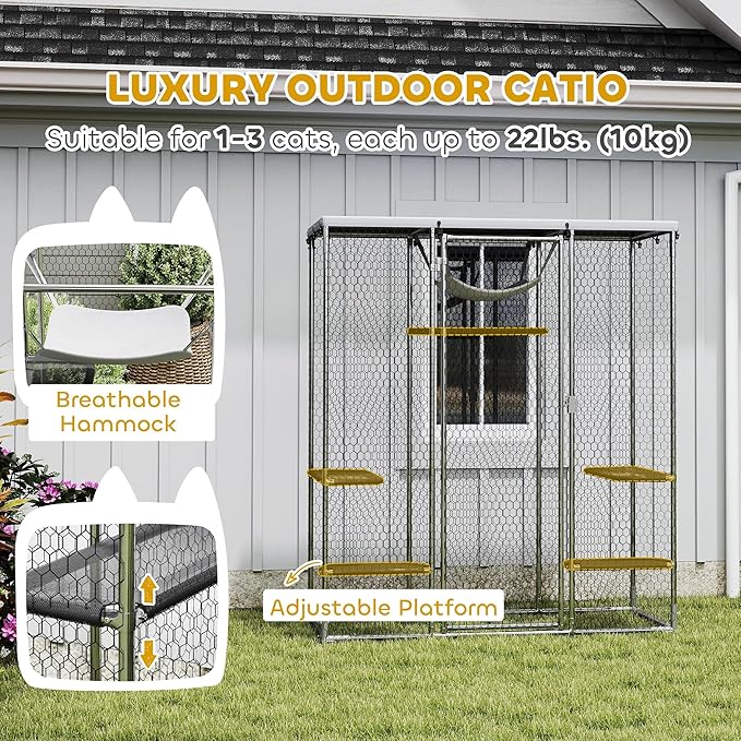 PawHut Large Catio Outdoor Cat Enclosure, Galvanized Steel Walk-in Cat Patio for Multiple Kittens, Outdoor Kitty Cage with Waterproof Cover, 5 Adjustable Platforms, Hammock, Chicken Coop Flat Roof