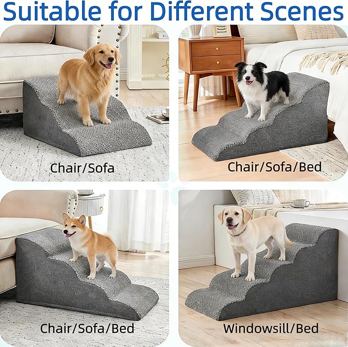 Simple Deluxe Dog Stairs for Small Dogs, 4-Step Curved Dog Step for Puppy, Older Cat, Medium Pet Ramp for Sofa, Couch or Chair, Indoor Non-Slip Pet Ladder with High Density Foam, Gray