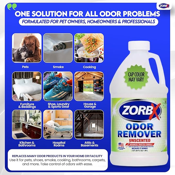 ZORBX Unscented Odor Eliminator for Strong Odor 64 oz - Used in Hospitals & Healthcare Facilities - Advanced Trusted Formula, Fast-Acting Odor Remover Spray for Dog, Cat, House & Carpet
