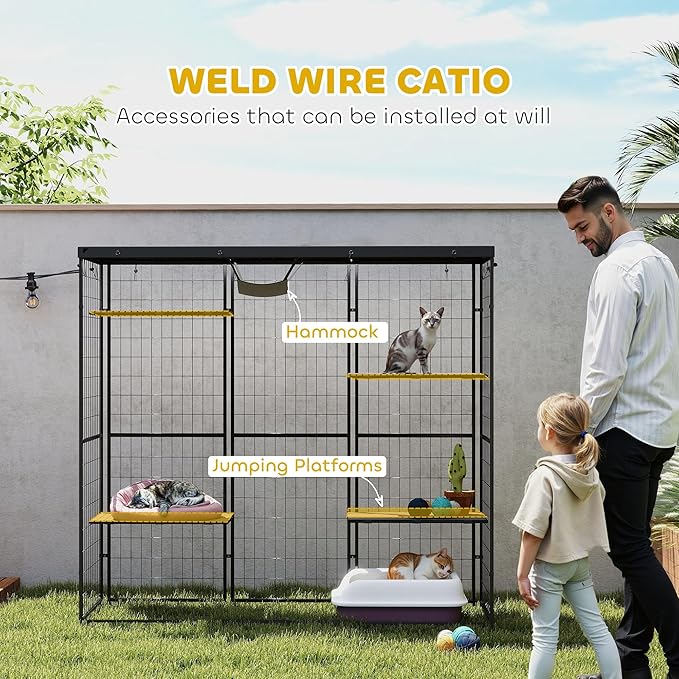 PawHut 4-Level 69" Large Catio Outdoor Indoor Weld Wire, Cat Enclosure with Waterproof Cover, 4 Jumping Platforms, Hammock, Cat Shelter for 1-3 Kittens, 69" x 22" x 62", Black
