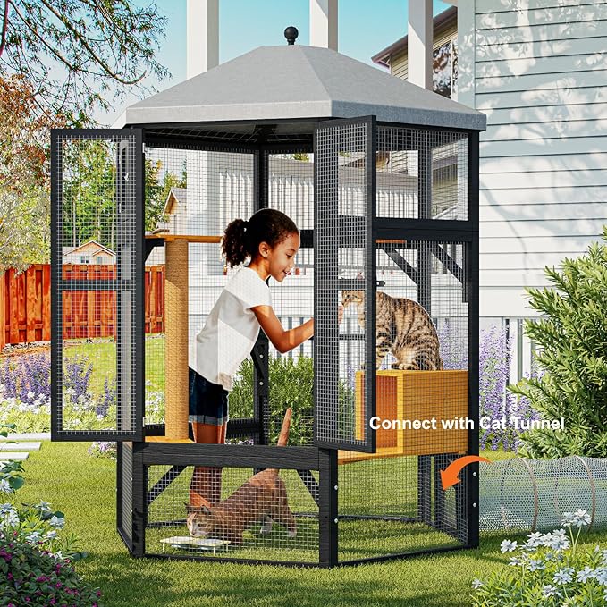 Catio Outdoor Cat Enclosure,Large Cat House Kitty Cage,Indoor Outdoor Cats Outside Patio for Cats with Window Access & Waterproof Roof, Multiple Platforms & Scratching Post, 65" Black