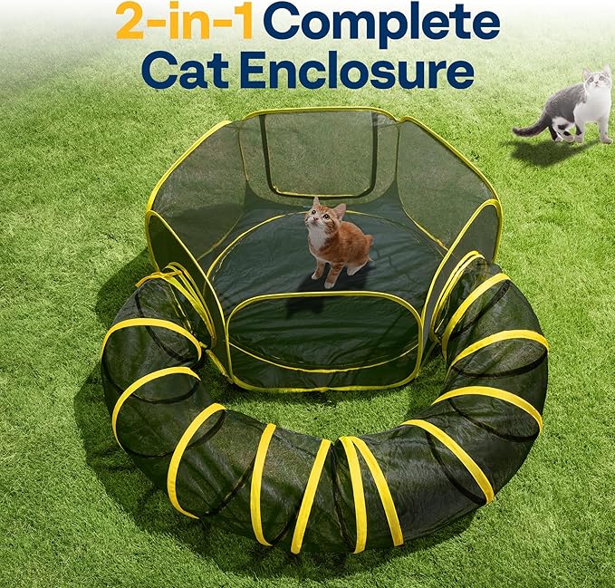 VIVOHOME Outdoor Cat Enclosures 2-in-1, Portable Catio w/Cat Tent, Circle Playpen Tunnel, for Kitty and Small Animals,w/Storage Bag Removable Bottom