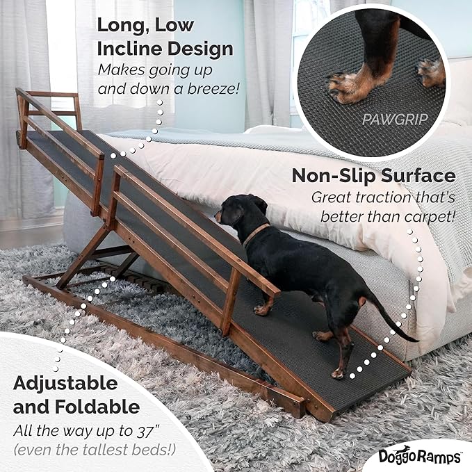 DoggoRamps Bed Ramp for Small Dogs - Solid Hardwood - Adjustable up to 37" Tall Beds with Safety Rails & Anti-Slip Grip - Made in North America Walnut