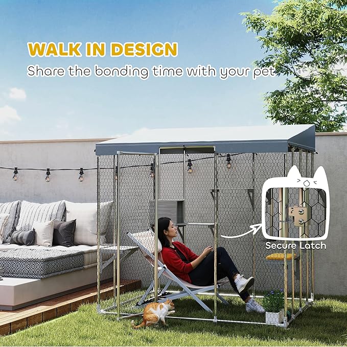 PawHut Catio Outdoor Cat Enclosure, 79" Large Walk-in Cat House with Waterproof Cover, Resting Boxes, 5 Jumping Platforms, Chicken Run Coop, Rabbit Hutch, Feral Cat Shelter Sloped Roof