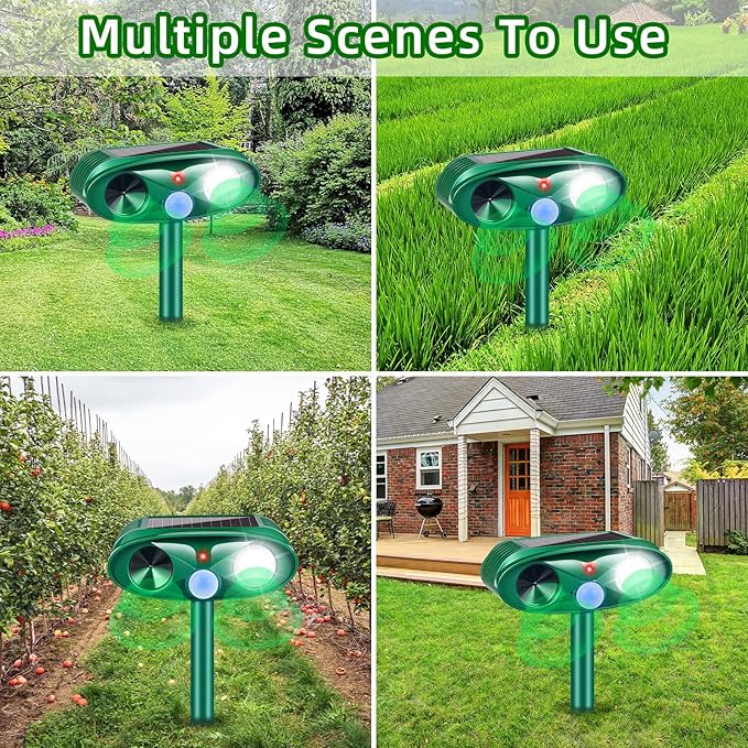 2026 New Solar Ultrasonic Animal Repeller Outdoor Deer Repellent Devices with Motion Sensor & Flashing Light,Animal Deterrent Devices for Cat Squirrel Raccoon Dog Rabbit Skunk for Yard Garden,4 Pack