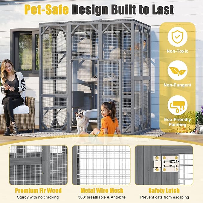 KEIKI Outdoor Cat Enclosure Large, 71" Cat House for Multiple Cats with Waterproof Roof, 3 Tier Cat Cage with 6 Platforms, Weatherproof Outdoor Cat Catio, Gray