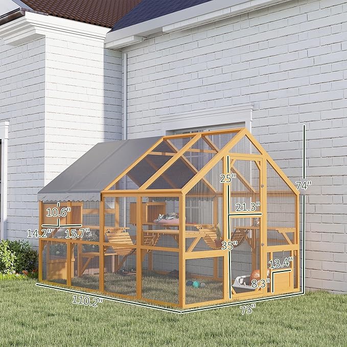 PawHut 110" L Large Catio Outdoor Cat Enclosure for Multiple Kittens, 56 sq.ft Wooden Cat House with Waterproof Cover, Walk in Kitty Cage Kennel with 2 Condos, 6 Platforms, Bridge, Doors, Yellow