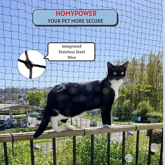 Cat Netting Balcony, 10x13 ft Stainless Steel Reinforced Bite Tear UV and Weather-Resistant Anti-Fall Netting for Pets, Safety Net for Cat, Small Catio for Apartment Balcony Protection