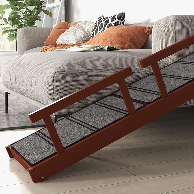 PawHut Dog Ramp, Dog Stairs for Small, Medium & Large Dogs, Pet Ramp for Bed or Couch with Removable Guardrails, Non-Slip Surface, 60" Long, Brown
