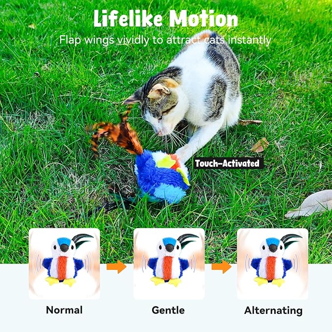 Cat Toys Flapping Bird, Catnip Toys for Indoor Cats Interactive Automatic Kitten Toy Kicker - Baby Plush/Feather/Crinkle, Rechargeable 4 Sounds/Off, Timed & Touch Activated, Clip & Hanging Rope