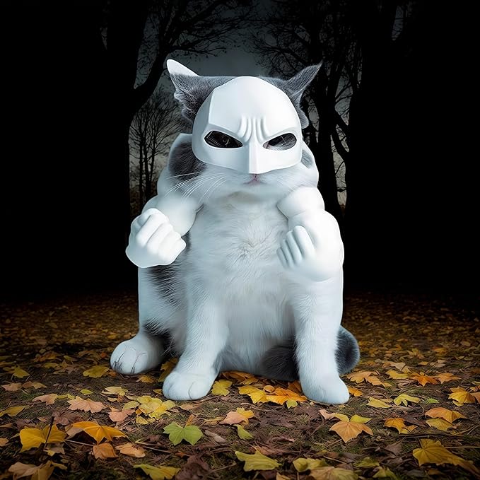 Cat Bat Costume Set, Halloween Cosplay Props with Muscular Arm Suit and Mask, Fun Animal Dress Up Accessories (White)