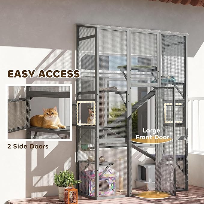 PawHut Outdoor Catio Cat Enclosure, Large Wooden Cat House with 6 Jumping Platforms, Scratching Post, 2 Ramps, Waterproof Roof, Cat Cage Window Access for 2-3 Kittens, 99" H, Gray