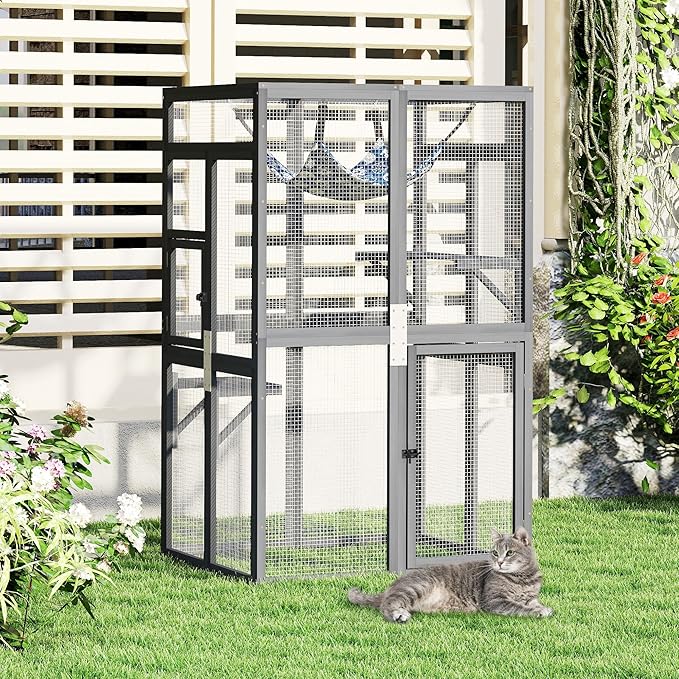 Catio Outdoor Cat Enclosure - Premium Wooden Cat Catio with Window Access & Breathable Mesh, Weatherproof Kitty House for Patio/Backyard/Indoor (Gray)