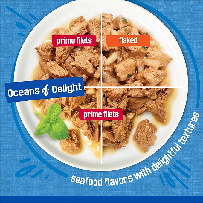 Purina Friskies Wet Cat Food Variety Pack, Oceans of Delight Flaked and Prime Filets - (Pack of 40) 5.5 oz. Cans