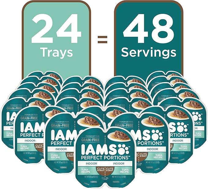 IAMS Perfect Portions Grain Free Wet Cat Food, Indoor Adult Cat Food Wet Cuts in Gravy, Tuna Recipe, (24) 2.6 oz. Twin-Pack Trays