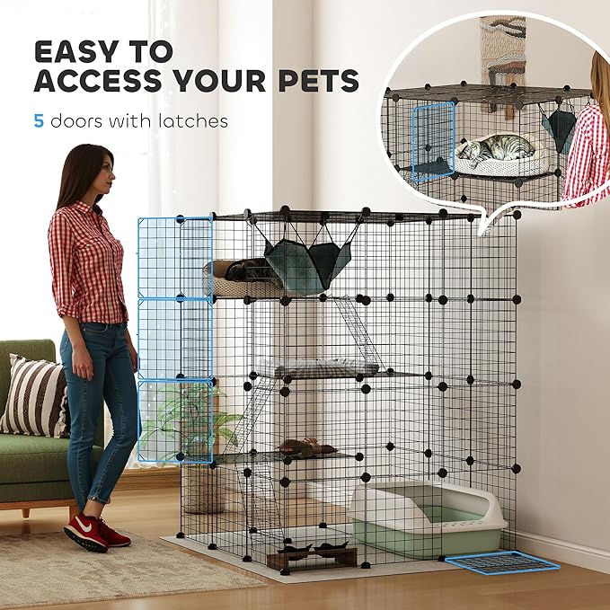 PawHut Cat Cage Indoor, DIY 4 Tier Cat Enclosure with Hammock, 3 x 3 x 4 Detachable Wire Cat Kennel with Ramps, Jumping Platforms, Doors, for 1-3 Cats, 41" L x 41" W x 55" H, Black