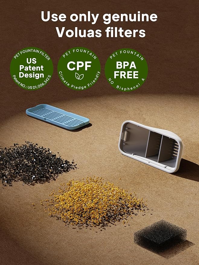 Voluas Replacement Cat Water Fountain Filters, 3 Filters and Pre-Filter Sponges for 108oz/3.2L Stainless Steel Pet Water Fountain 309A/309B/309C