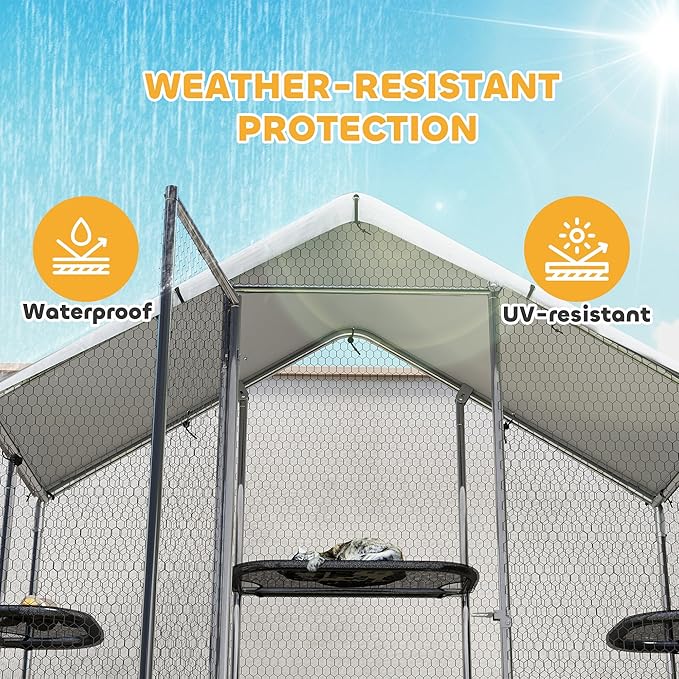 PawHut Large Catio Outdoor Cat Enclosure, Galvanized Steel Walk-in Cat Patio for Multiple Kittens, Outdoor Kitty Cage with Waterproof Cover, 5 Adjustable Platforms, Hammock, Chicken Coop Pointed Roof