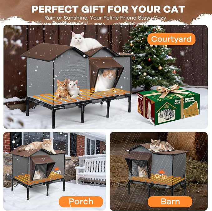 Outdoor Heated Cat House for Outside: Winter Insulated Weatherproof 20"×14.3"×20.5" Shelter with Heating Pad for Feral Kitty Foldable Out Door Elevated Warm Pet Bed with Extra Large Warming Cathouse