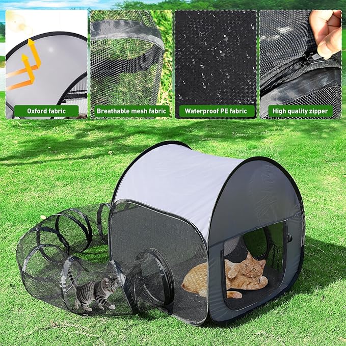 Outdoor Cat Playpen with Tunnel - Escape-Proof, Breathable & High-Visibility Mesh, Foldable Pet Playpen for Backyard, Camping, Travel