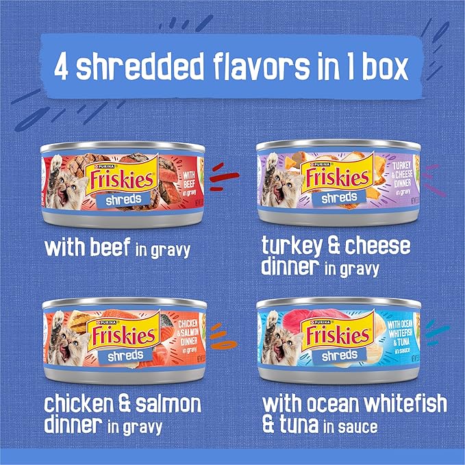 Friskies Purina Wet Cat Food Variety, Shreds with Beef, Turkey & Cheese, Chicken & Salmon Dinner, and with Ocean Whitefish & Tuna, 5.5 oz. Cans (Pack of 80)