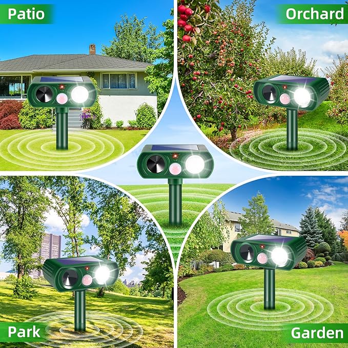 2 Pack 2026 Solar Ultrasonic Animal Repellent Outdoor IP65 Waterproof Motion Activated Cat Deterrent & Deer Repellent Devices Ultrasonic Pest Repeller for Raccoon, Squirrel, Rabbit, Dog, Skunk, Rodent