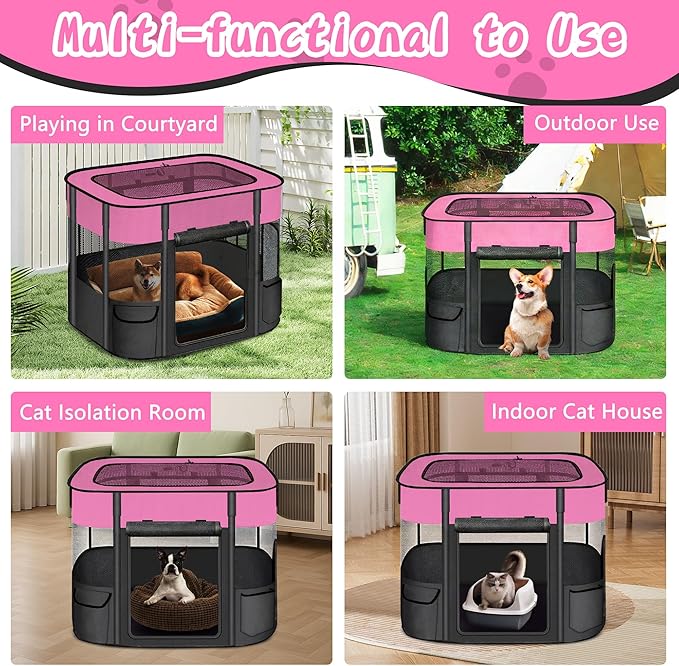 Portable Cat Playpen with Separate Areas, 2-in-1 Puppy Playpen & Cats Cage, Foldable Pet Tent for Indoor and Outdoor Use, Collapsible Tent Kennel Cage House(35.4"x27.6"x27.6" Pink & Black)