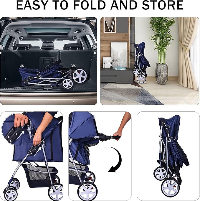 Elevon Pet Stroller, 4 Wheels Multifunction Dog Cat Stroller, Folding Portable Travel Stroller with Detachable Carrier, Suitable for Medium Small Dogs Cats, Blue