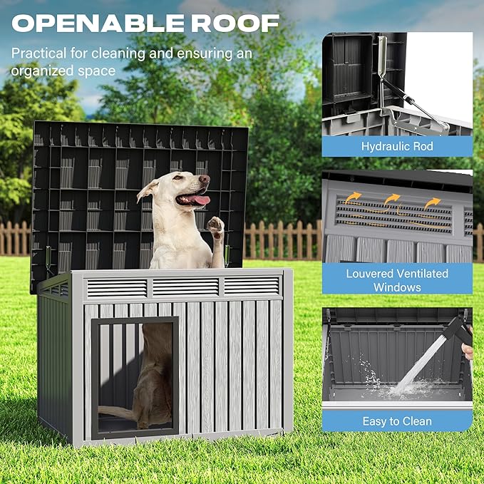Fancyango Large Weatherproof Dog House with Removable Roof for Indoor & Outdoor Use - Spacious (42.8" L x 33" W x 31.5" H) Classic Grey