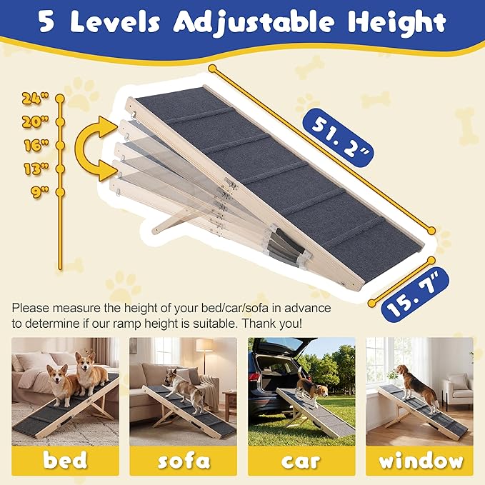 Dog Ramp for Bed & Couch - Extra 51.2" Long Adjustable Height 9.5" to 24" Wooden Non-Slip Pet Ramp, Portable Foldable Doggie Car Ramp for Small Medium Large Dogs, 200 LBS Load