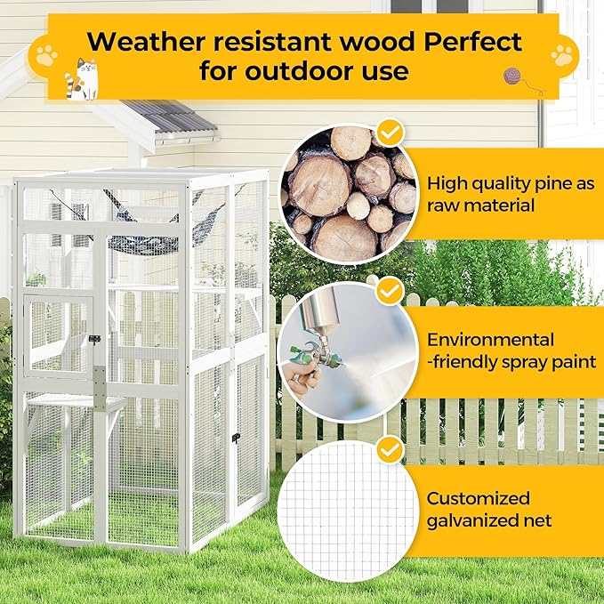 Catio Outdoor Cat Enclosure - Premium Wooden Cat Catio with Window Access & Breathable Mesh, Weatherproof Kitty House for Patio/Backyard/Indoor (White)