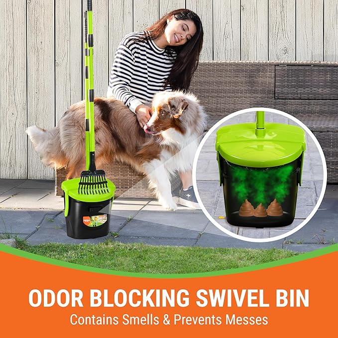 Pupzle Dog Pooper Scooper with Bag Attachment, 40" Long Handle Pooper Scooper for Large Dogs, Dog Poop Scoop for Yard, Large Capacity Swivel Bin and Rake, Lavender Scented Bags (Green)