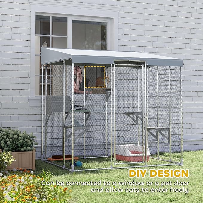 PawHut Catio Outdoor Cat Enclosure, 79" Large Walk-in Cat House with Waterproof Cover, Resting Boxes, 5 Jumping Platforms, Chicken Run Coop, Rabbit Hutch, Feral Cat Shelter Sloped Roof