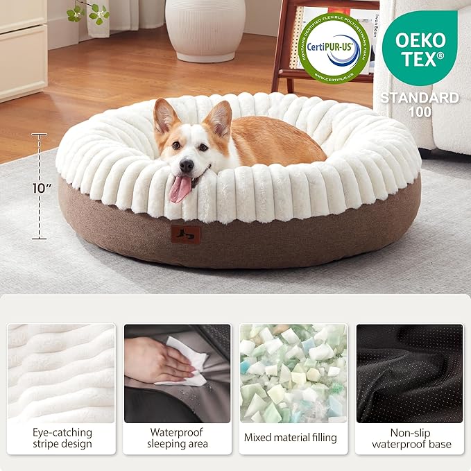 Donut Dog Bed Medium Size Dog 36 Inch, Round Cat Beds for Small Medium Dogs and Cats with Washable Fluffy Faux Fur, Cute Comfort Pet Bed with Anti-Slip Bottom, Cream