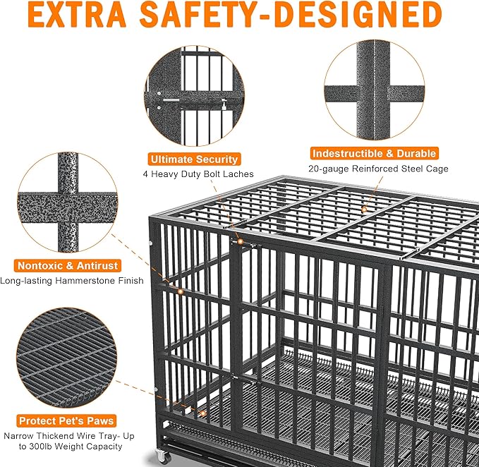 48 inch Heavy Duty Indestructible and Escape-Proof Dog Crate Cage Kennel for Large Dogs, High Anxiety Dog Crate with Removable Wire Trays and Wheels, Extra Large XL XXL, Black