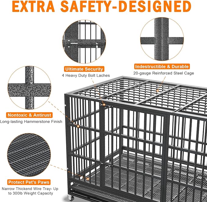 42 inch Heavy Duty Indestructible and Escape-Proof Dog Crate Cage Kennel for Large Dogs, High Anxiety Dog Crate with Removable Wire Trays and Wheels, Extra Large XL XXL, Black