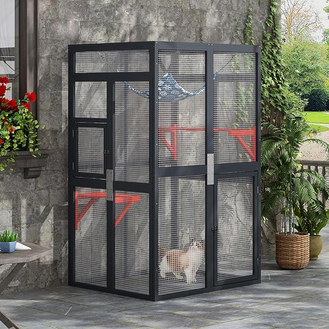 Catio Outdoor Cat Enclosure - Premium Wooden Cat Catio with Window Access & Breathable Mesh, Weatherproof Kitty House for Patio/Backyard/Indoor (Black)