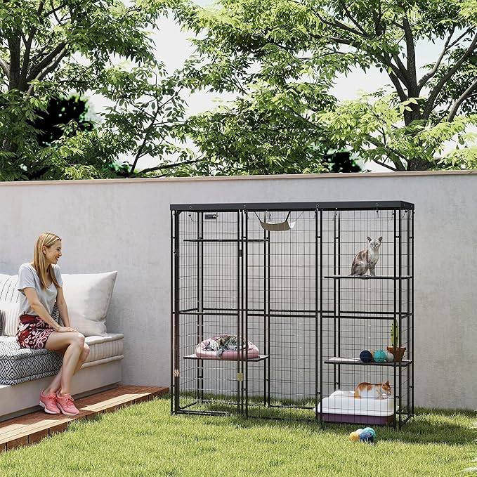 PawHut 4-Level 69" Large Catio Outdoor Indoor Weld Wire, Cat Enclosure with Waterproof Cover, 4 Jumping Platforms, Hammock, Cat Shelter for 1-3 Kittens, 69" x 22" x 62", Black