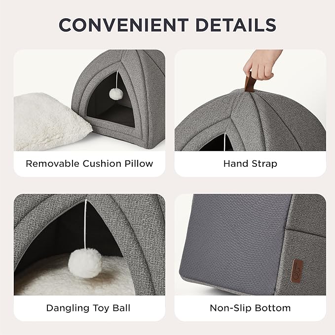 Bedsure Cat Beds for Indoor Cats - 2 in 1 Cat Cave House Tent for Kittens and Small Pets with Removable Washable Cushioned Pillow, Foldable Kitten Hideaway with Non-Slip Bottom, Grey, 16 inches